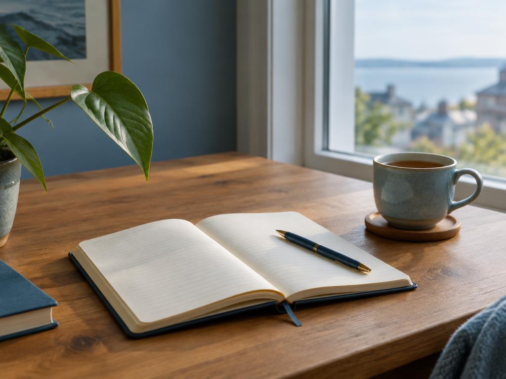 Aufgeschlagenes Notizbuch und Tasse Tee am Fenster