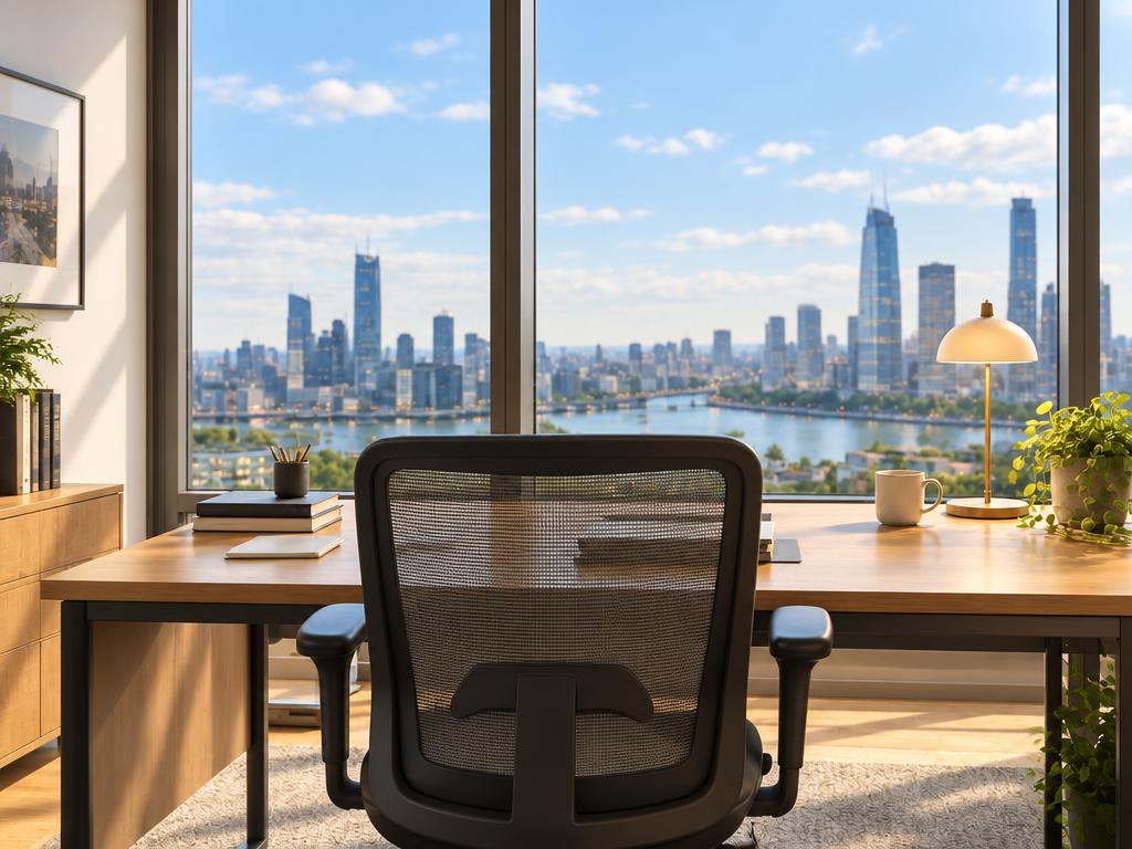 Leeres Büro am Abend mit Blick auf die Stadt