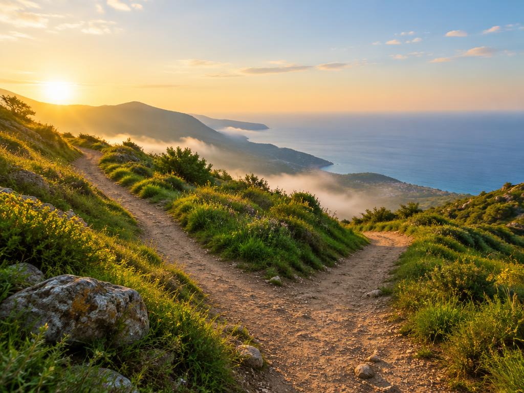 Weggabelung auf einem Bergpfad im Morgenlicht